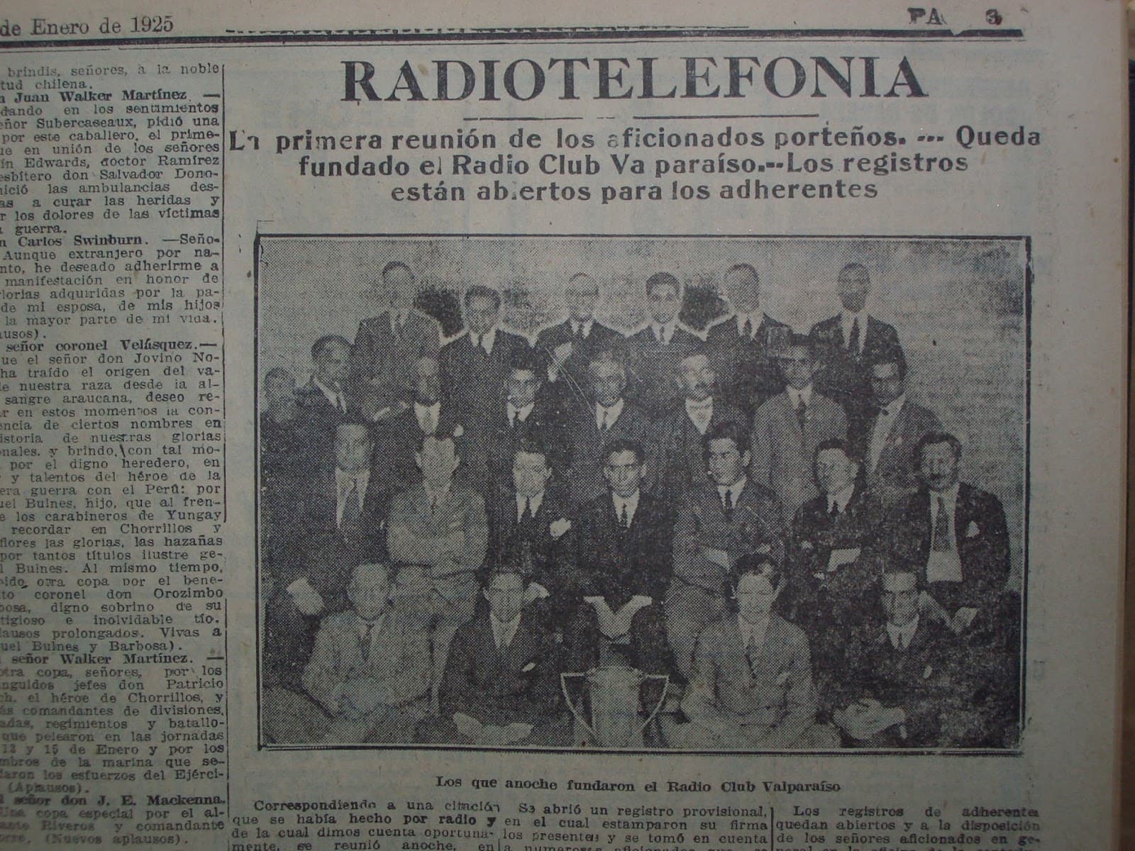 Recorte del diario La Unión de Valparaíso publicado el 14 de enero de 1925